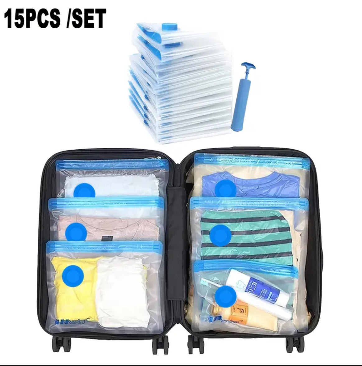 15-Piece Travel Vacuum Storage Bags Set with Hand Pump – Space Saving Packing Solution